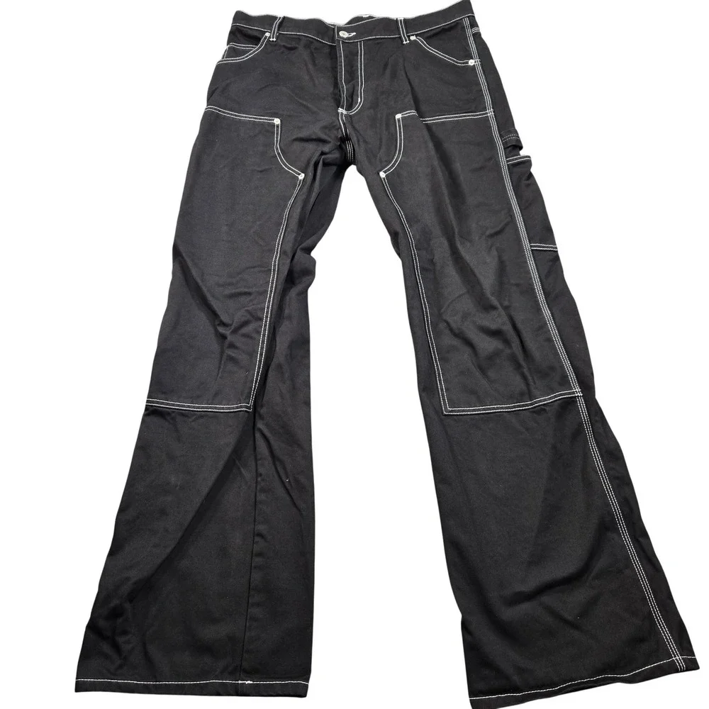 Heron Preston Pants Mens L 34x33 Black Carpenter Cargo Wide Leg Contrast Stitch